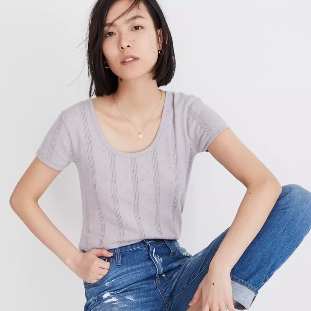 Madewell Grey Lilac Scoop Neck Pointelle Ribbed Tee